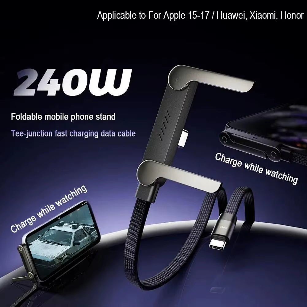 240W Type-C to Type-C Elbow Fast Charging Data Cable with Foldable Phone Holder for iPhone 17/16/15 and Samsung Devices
