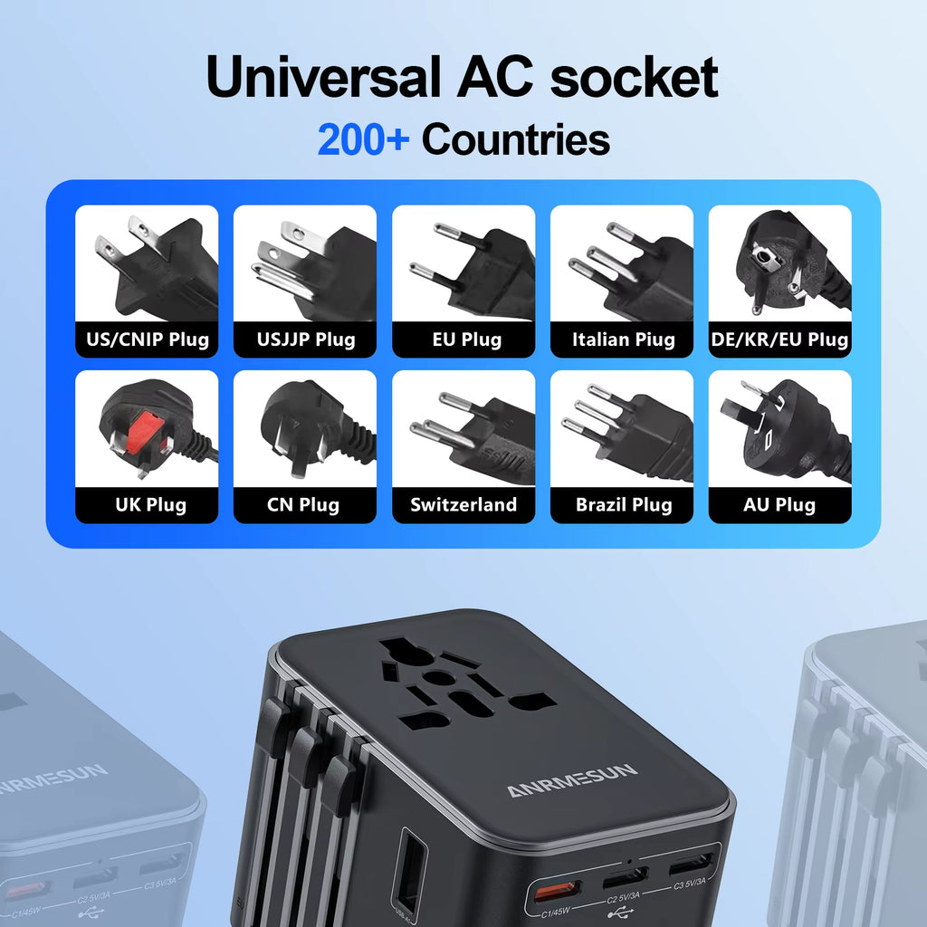 Universal Travel Adapter with 4 AC Outlets, 2 USB Ports, and 3 Type-C PD 45W - All-in-One Fast Charging Solution for EU, US, and AUS Plugs