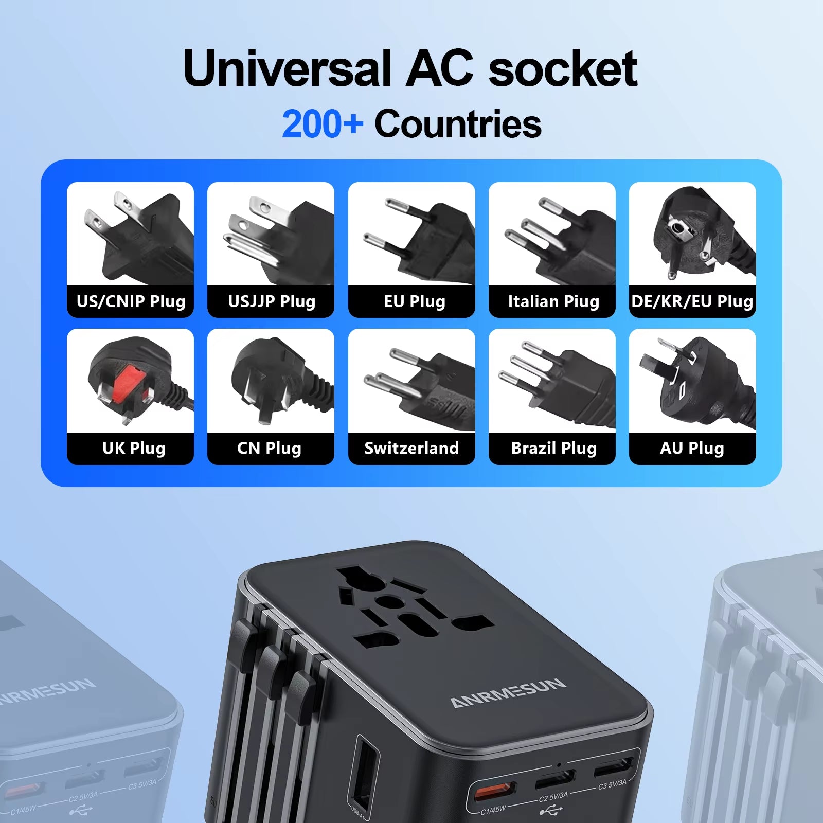Universal Travel Adapter with 4 AC Outlets, 2 USB Ports, and 3 Type-C PD 45W - All-in-One Fast Charging Solution for EU, US, and AUS Plugs