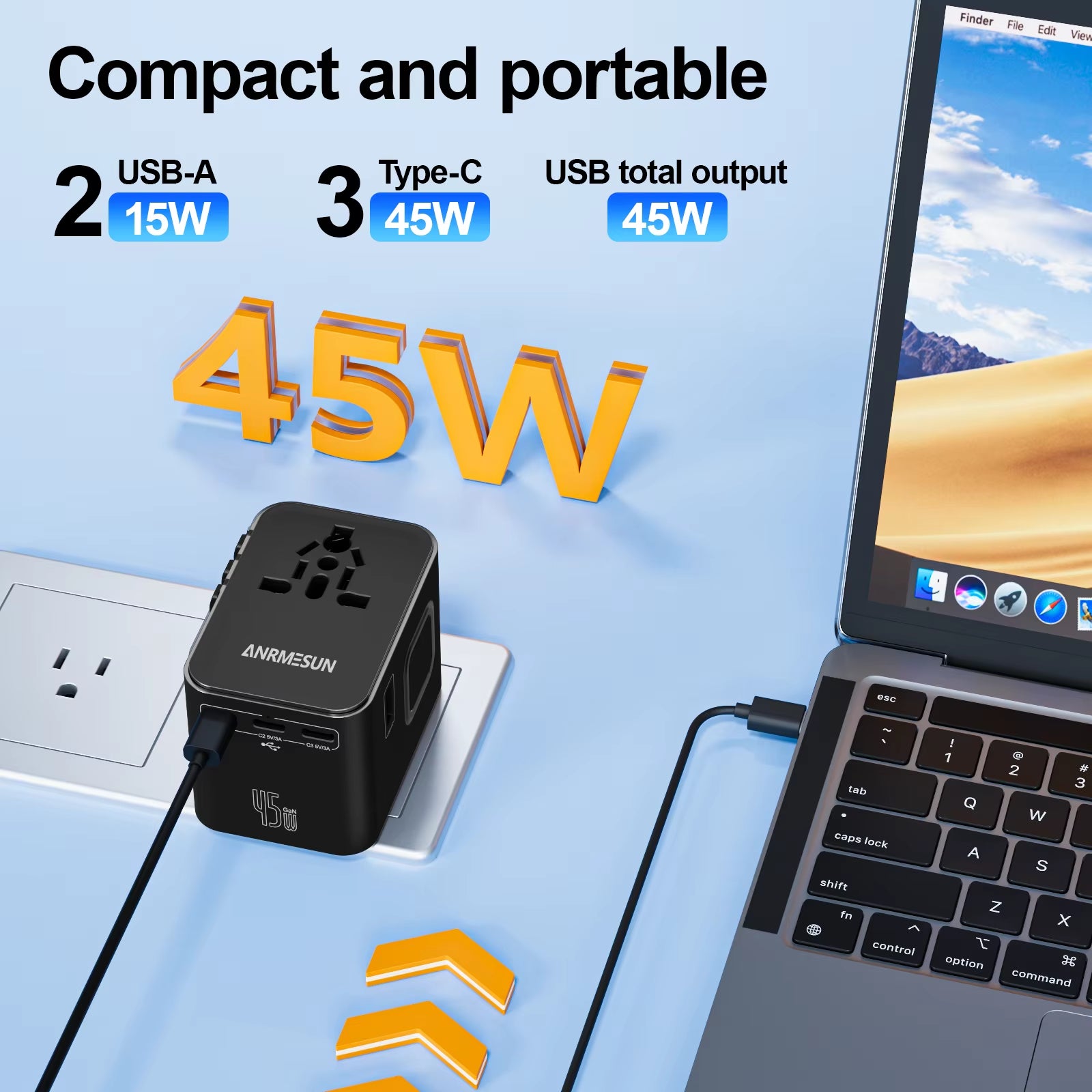 Universal Travel Adapter with 4 AC Outlets, 2 USB Ports, and 3 Type-C PD 45W - All-in-One Fast Charging Solution for EU, US, and AUS Plugs