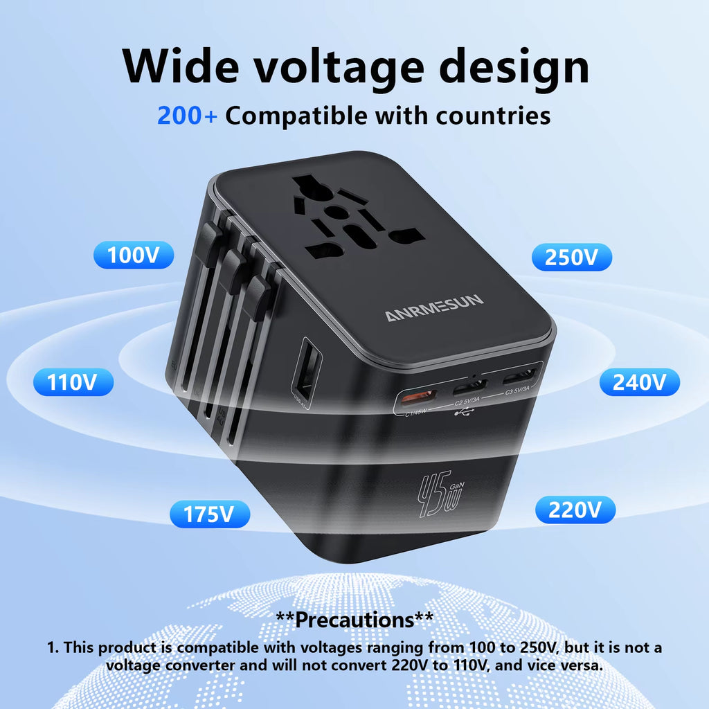 Universal Travel Adapter with 4 AC Outlets, 2 USB Ports, and 3 Type-C PD 45W - All-in-One Fast Charging Solution for EU, US, and AUS Plugs