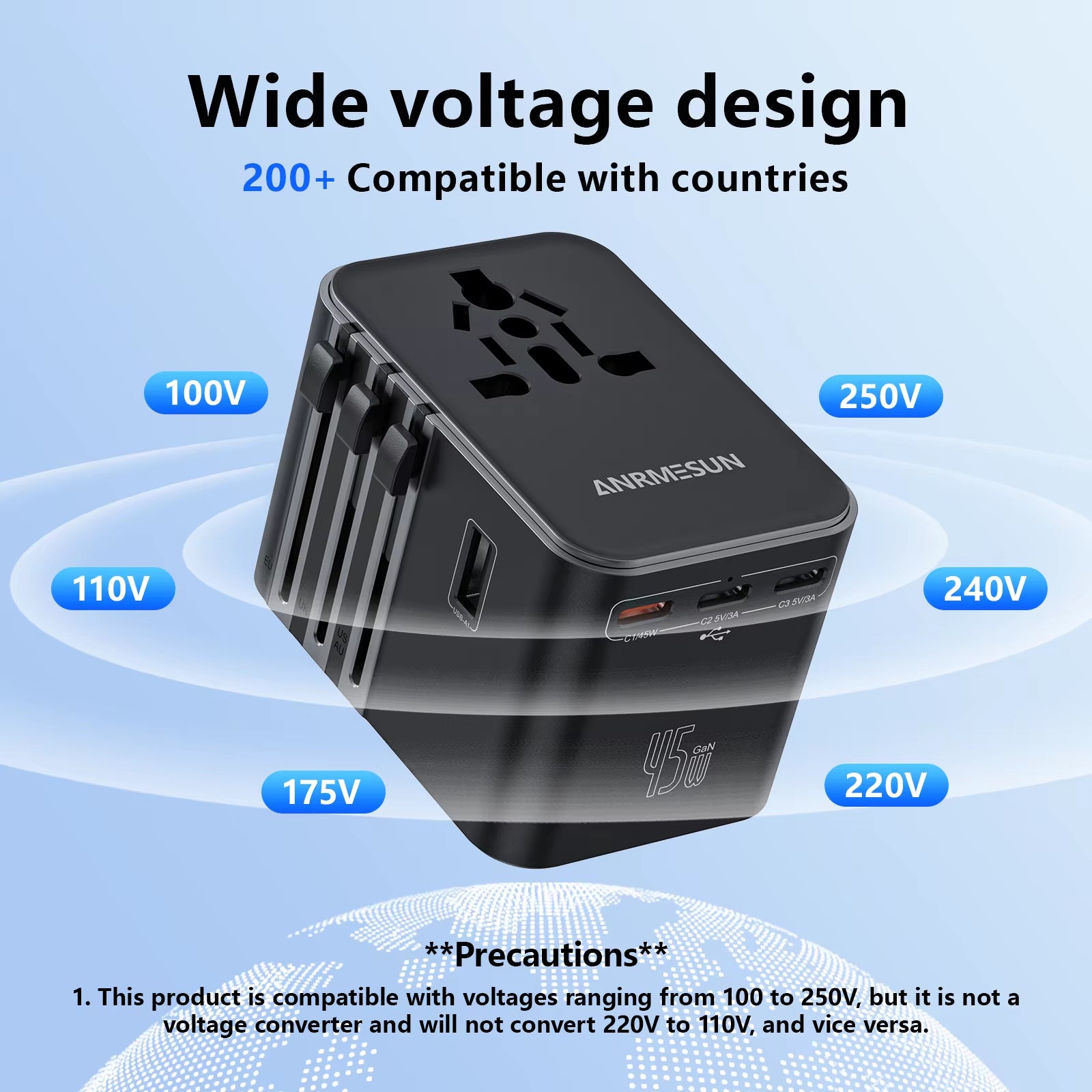 Universal Travel Adapter with 4 AC Outlets, 2 USB Ports, and 3 Type-C PD 45W - All-in-One Fast Charging Solution for EU, US, and AUS Plugs