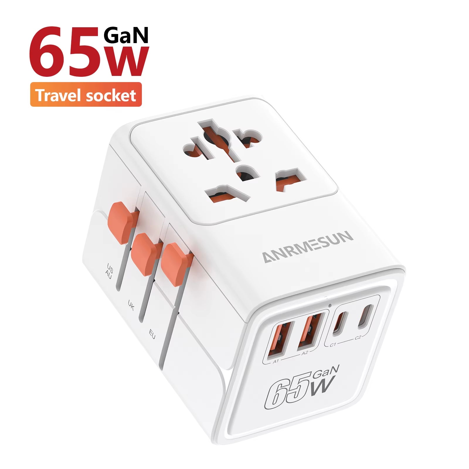 Universal Travel Adapter with 4 AC Outlets, 2 USB Ports, and 3 Type-C PD 45W - All-in-One Fast Charging Solution for EU, US, and AUS Plugs