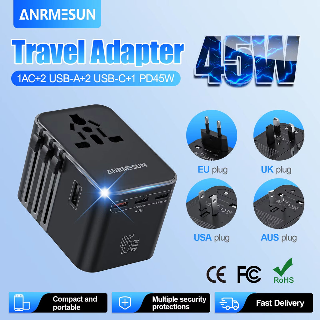 Universal Travel Adapter with 4 AC Outlets, 2 USB Ports, and 3 Type-C PD 45W - All-in-One Fast Charging Solution for EU, US, and AUS Plugs