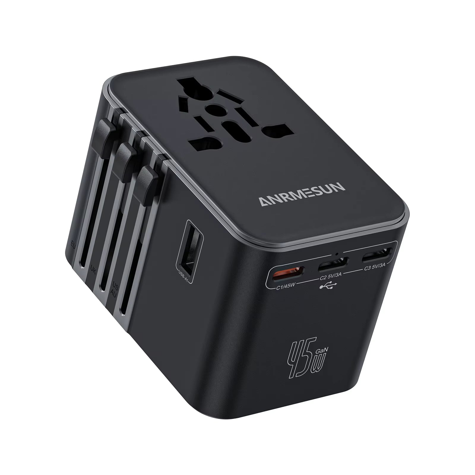 Universal Travel Adapter with 4 AC Outlets, 2 USB Ports, and 3 Type-C PD 45W - All-in-One Fast Charging Solution for EU, US, and AUS Plugs