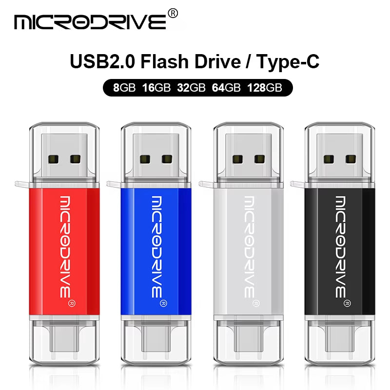 Versatile 2-in-1 Type C & Micro USB Flash Drive - High-Speed OTG Pen Drive Available in 128GB, 64GB, 32GB, 16GB, 8GB, and 4GB