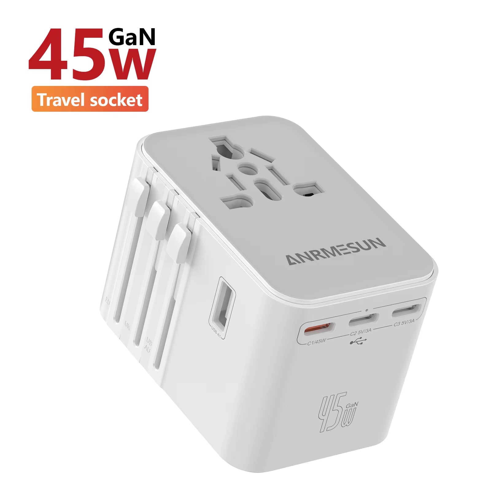 Universal Travel Adapter with 4 AC Outlets, 2 USB Ports, and 3 Type-C PD 45W - All-in-One Fast Charging Solution for EU, US, and AUS Plugs