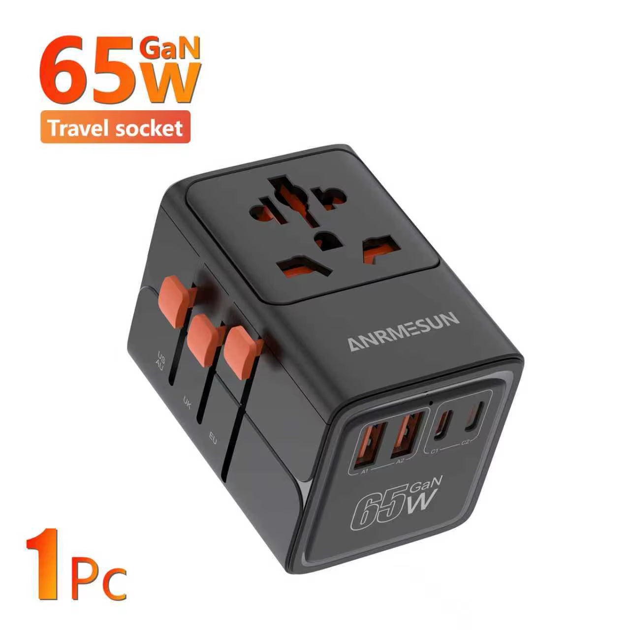 Universal Travel Adapter with 4 AC Outlets, 2 USB Ports, and 3 Type-C PD 45W - All-in-One Fast Charging Solution for EU, US, and AUS Plugs