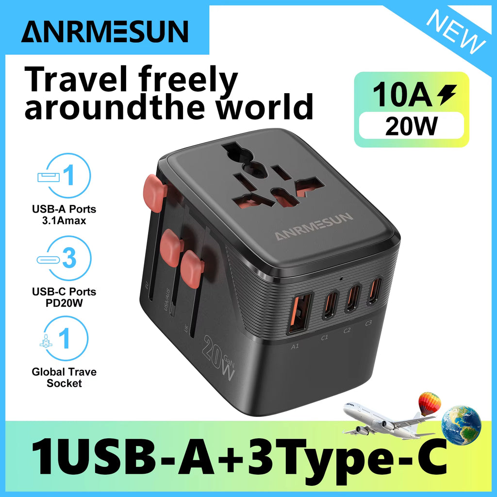 Universal Travel Adapter with 4 AC Outlets, 2 USB Ports, and 3 Type-C PD 45W - All-in-One Fast Charging Solution for EU, US, and AUS Plugs