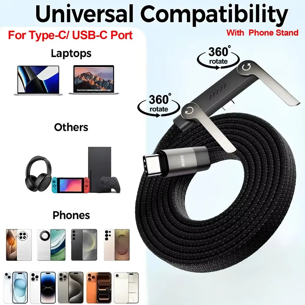 240W Type-C to Type-C Elbow Fast Charging Data Cable with Foldable Phone Holder for iPhone 17/16/15 and Samsung Devices