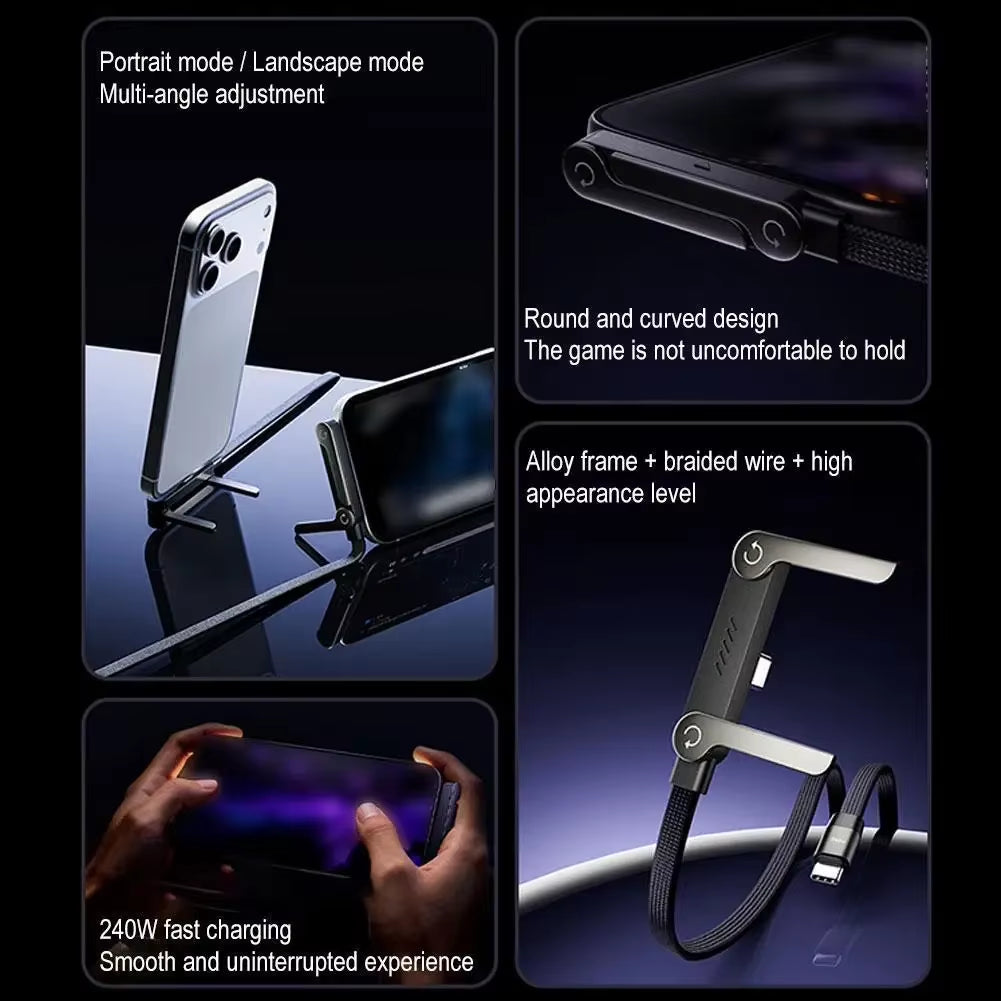 240W Type-C to Type-C Elbow Fast Charging Data Cable with Foldable Phone Holder for iPhone 17/16/15 and Samsung Devices