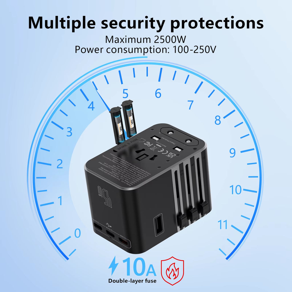 Universal Travel Adapter with 4 AC Outlets, 2 USB Ports, and 3 Type-C PD 45W - All-in-One Fast Charging Solution for EU, US, and AUS Plugs