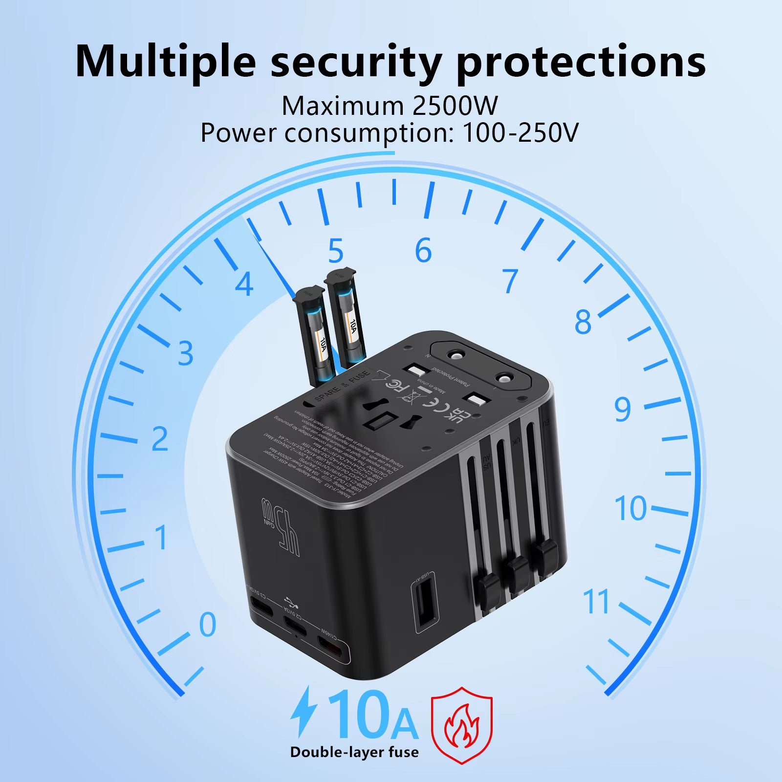 Universal Travel Adapter with 4 AC Outlets, 2 USB Ports, and 3 Type-C PD 45W - All-in-One Fast Charging Solution for EU, US, and AUS Plugs