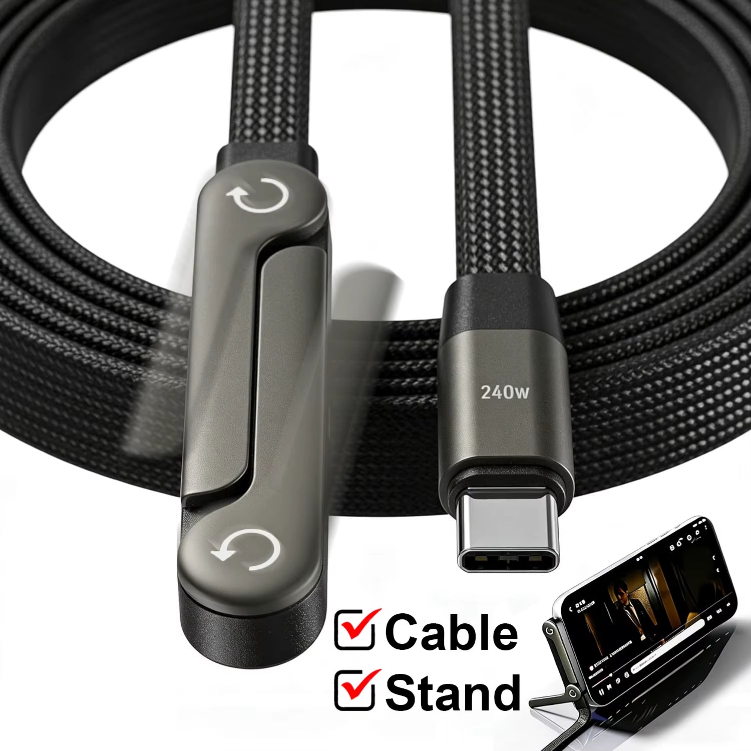 240W Type-C to Type-C Elbow Fast Charging Data Cable with Foldable Phone Holder for iPhone 17/16/15 and Samsung Devices