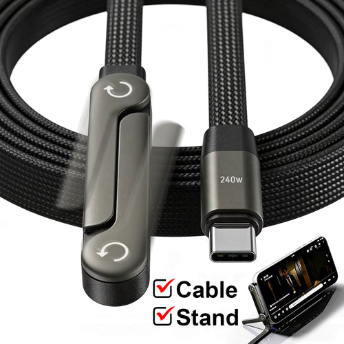 240W Type-C to Type-C Elbow Fast Charging Data Cable with Foldable Phone Holder for iPhone 17/16/15 and Samsung Devices